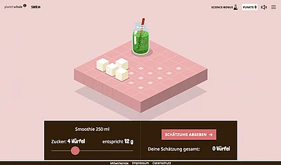 Illustration in isometrischer Perspektive, die einen Smoothie und Zuckerwürfel zeigt. Darunter ein Interaktionsfeld mit dem der Spieler die Anzahl der Zuckerwürfel festlegen kann, von denen er glaubt, dass sie in einem Smoothie stecken.