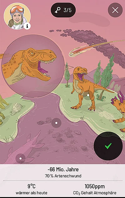 Szene aus einem Spiel zu den fünf großen Aussterbeereignissen. Zu sehen sind Dinosaurier und ein großer Meteorit. 