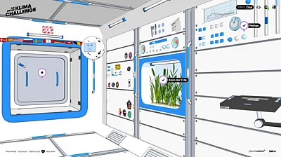 Illustration des Innenraums der ISS mit Blick auf eine verschlossene Durchgangsluke.