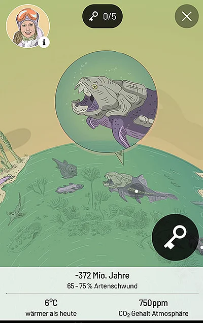 Szene aus einem Spiel zu den fünf großen Aussterbeereignissen. Zu sehen ist ein prähistorischer Fisch mit geöffnetem Maul in einem vorzeitlichen Meer.