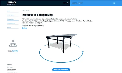 Farbwahl-Seite des AUTAQ-Solarcarport-Konfigurators mit Überschrift „Individuelle Farbgebung“, ausgewählter Farbe DB 703 FS Tiger und 3D-Ansicht eines dunkelgrauen Solarcarports mit Drehansicht