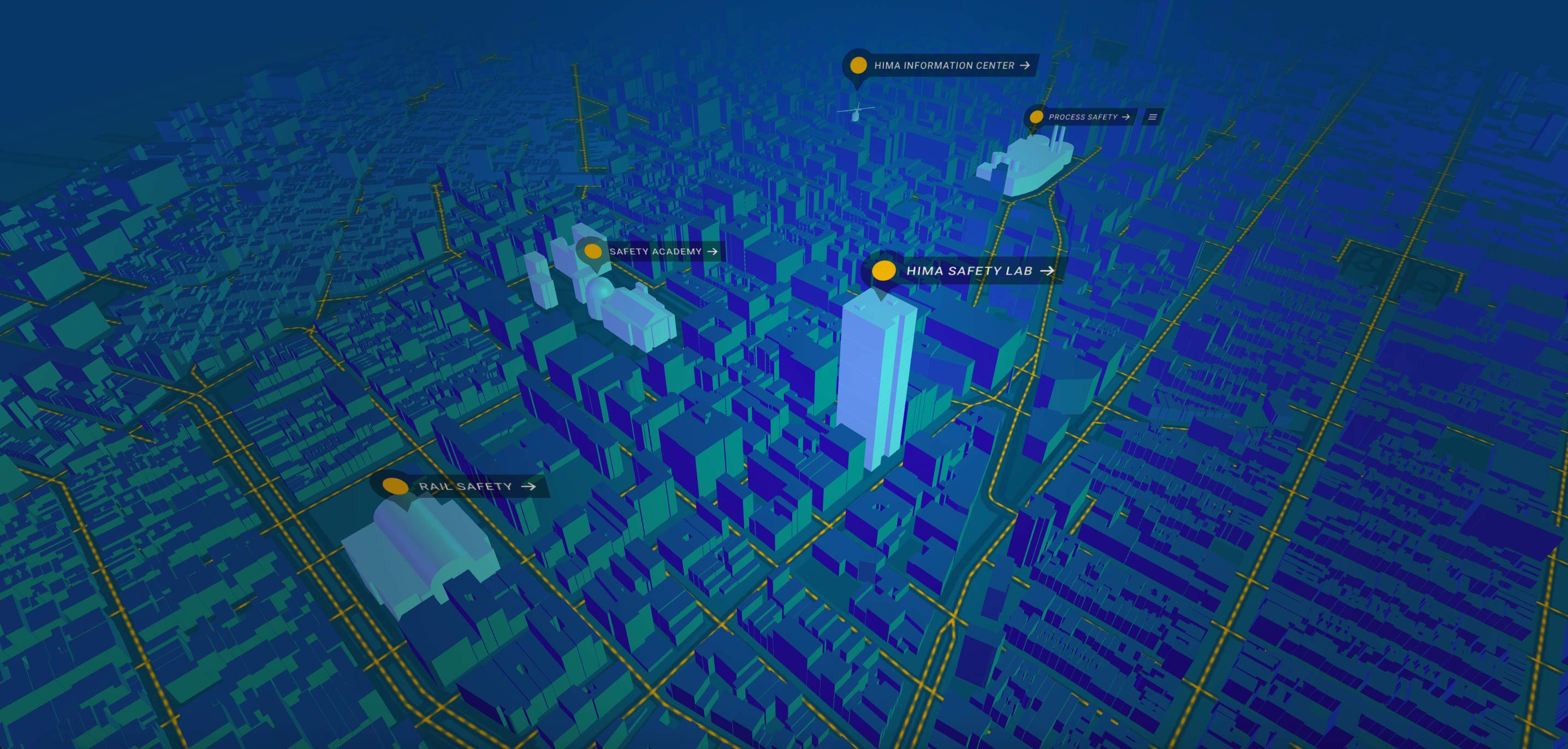 Vereinfachte 3D-Darstellung einer Stadt aus der Vogelperspektive.