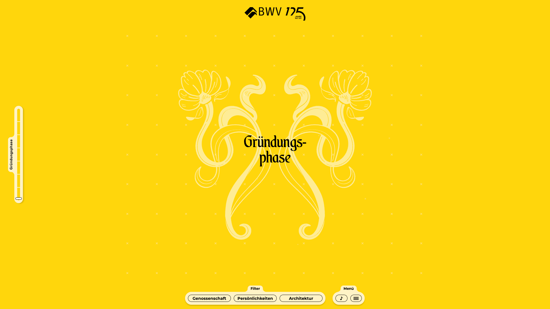 Gelbe Grafik mit ornamentalem, symmetrischem Jugendstil-Motiv in heller Farbe in der Mitte. Darauf steht in schwarzer Schrift „Gründungsphase“. Oben ist das Logo „BWV 175 Jahre“ platziert. Links befindet sich eine vertikale Fortschrittsleiste mit der Beschriftung „Gründungsphase“. Unten sind Bedienelemente mit den Optionen „Genossenschaft“, „Persönlichkeiten“ und „Architektur“ sowie ein Menü-Icon.