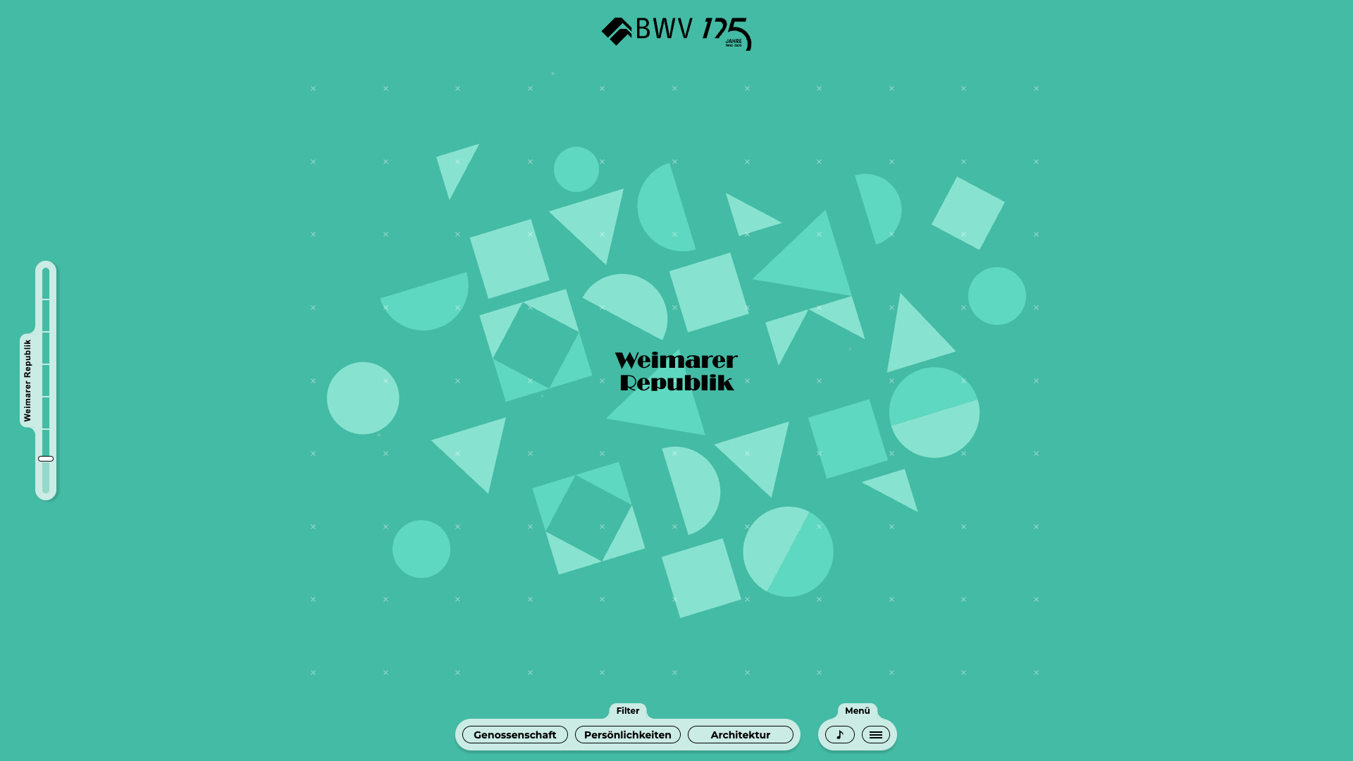 Screenshot der Startansicht des Kapitels "Weimarer Republik" mit der Illustration von kubistischen, geometrischen Formen wie Dreieck, Kreis, Quadrat.