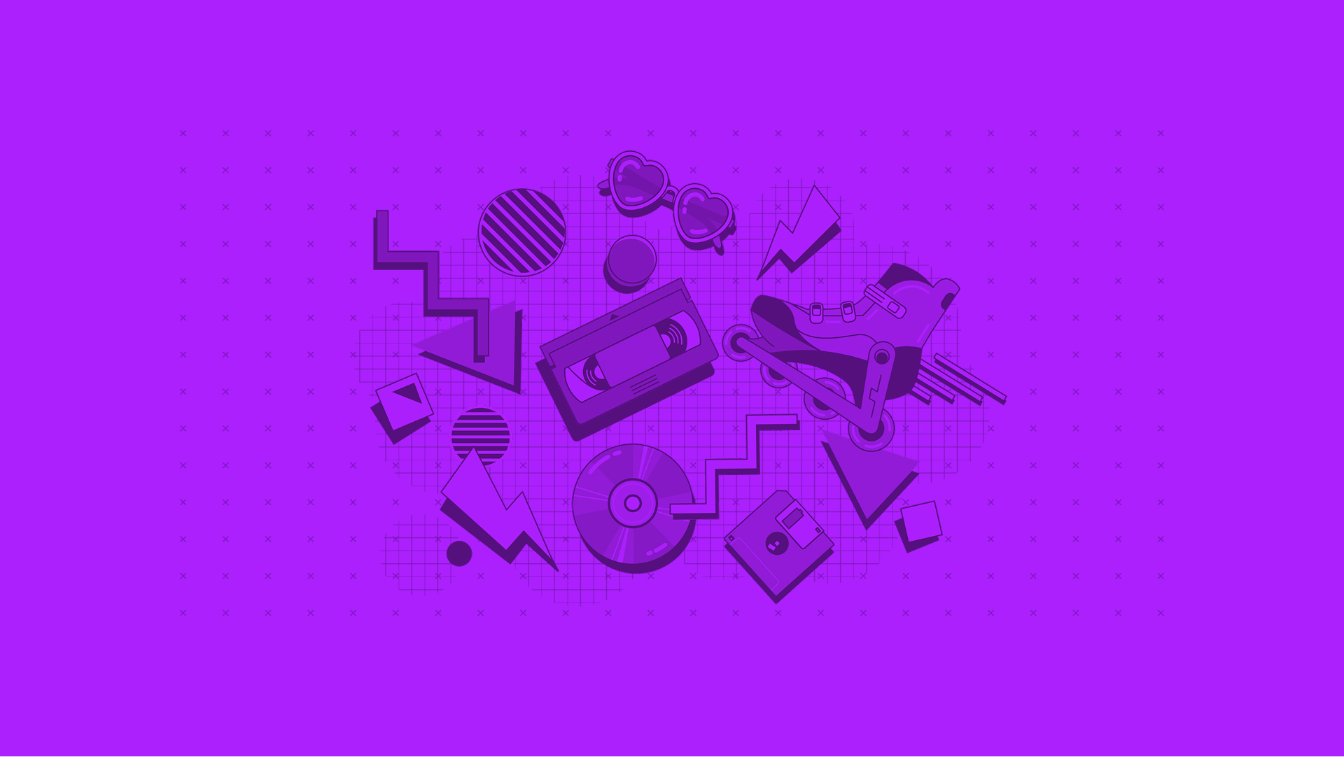 Illustration von verschiedenen Objekten wie Videokassette, Computerdiskette, Rollerbaldes im poppigen Memphis-Style. 