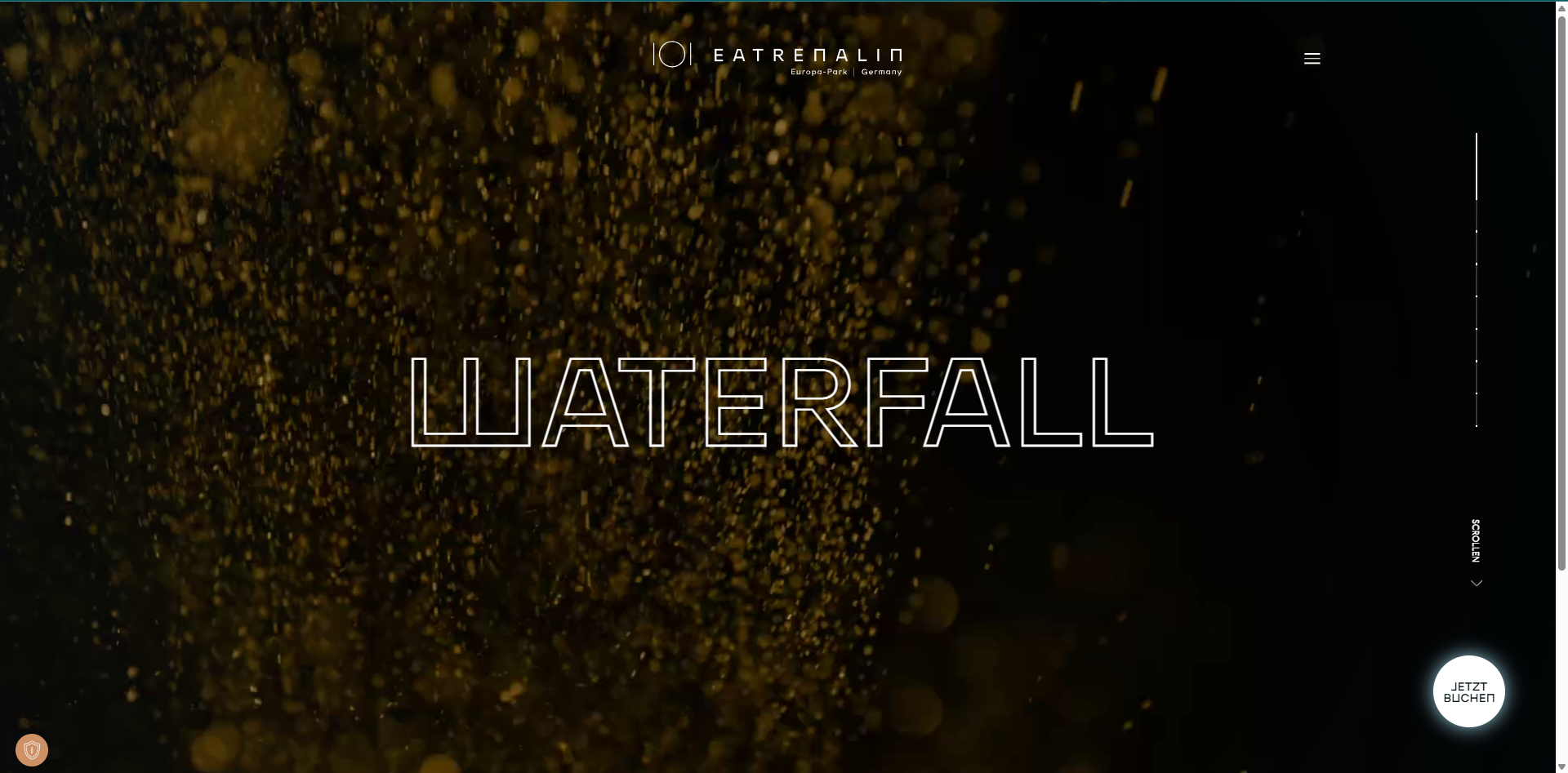 Dunkler Hintergrund mit goldenen, schimmernden Partikeln, die wie ein Wasserfall nach unten fallen. In der Mitte steht groß „WATERFALL“. Oben ist das Logo „Eatrenalin – Europa-Park, Germany“, rechts ein Menü-Icon sowie ein „Jetzt buchen“-Button unten rechts.