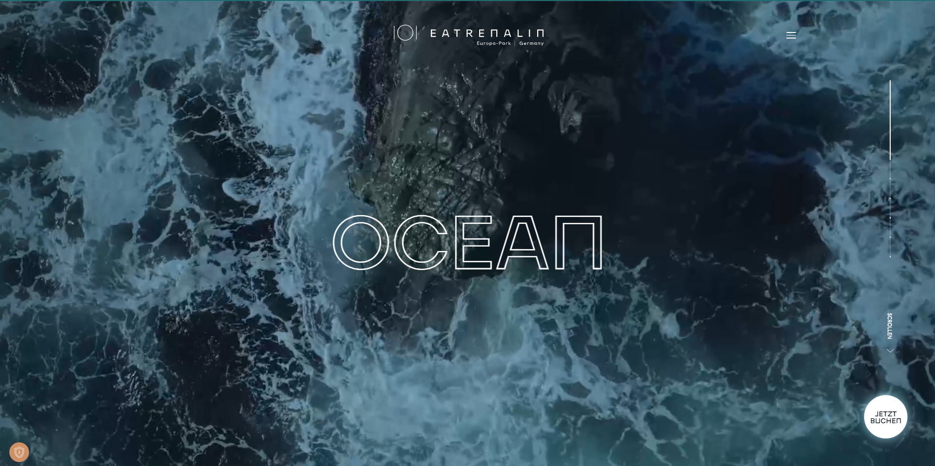 Draufsicht auf bewegtes, dunkles Meer mit weißen Wellenstrukturen. In der Mitte steht groß „OCEAN“. Oben ist das Logo „Eatrenalin – Europa-Park, Germany“, rechts ein Menü-Icon sowie ein „Jetzt buchen“-Button unten rechts.