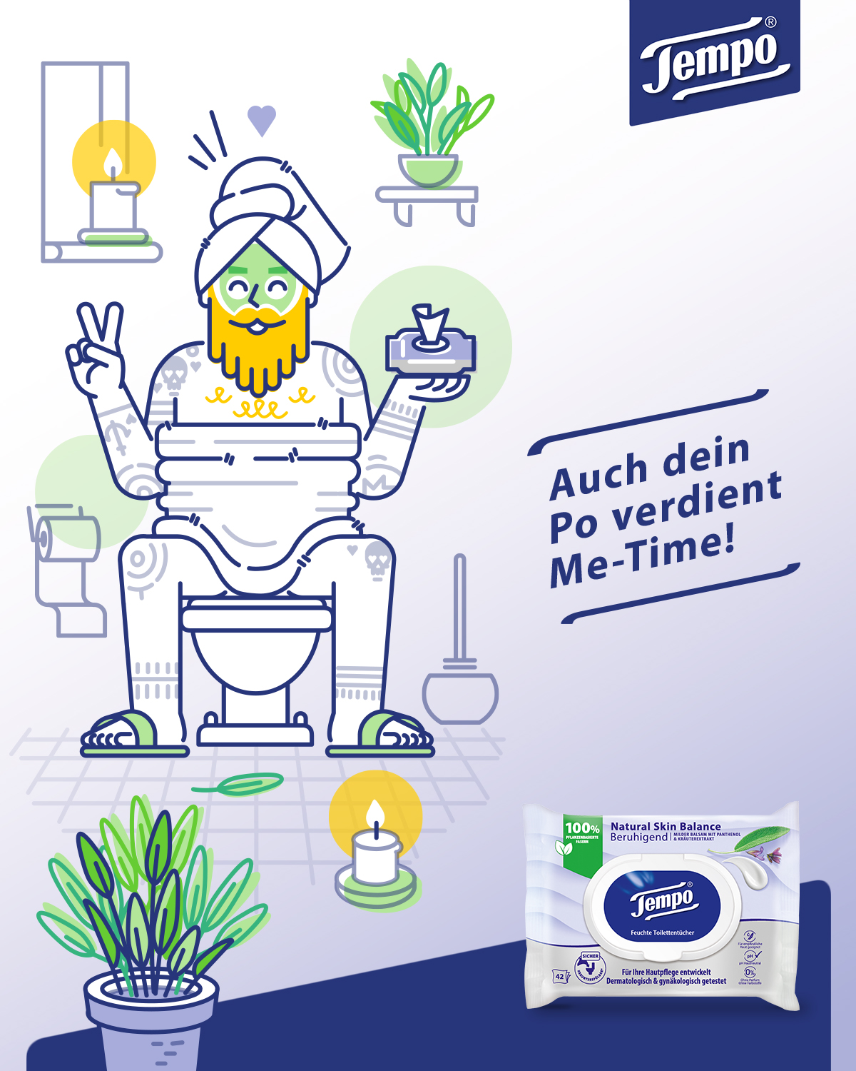 Illustration von einem bärtigen Mann mit Handtuchturban, der auf der Toilette sitzt.