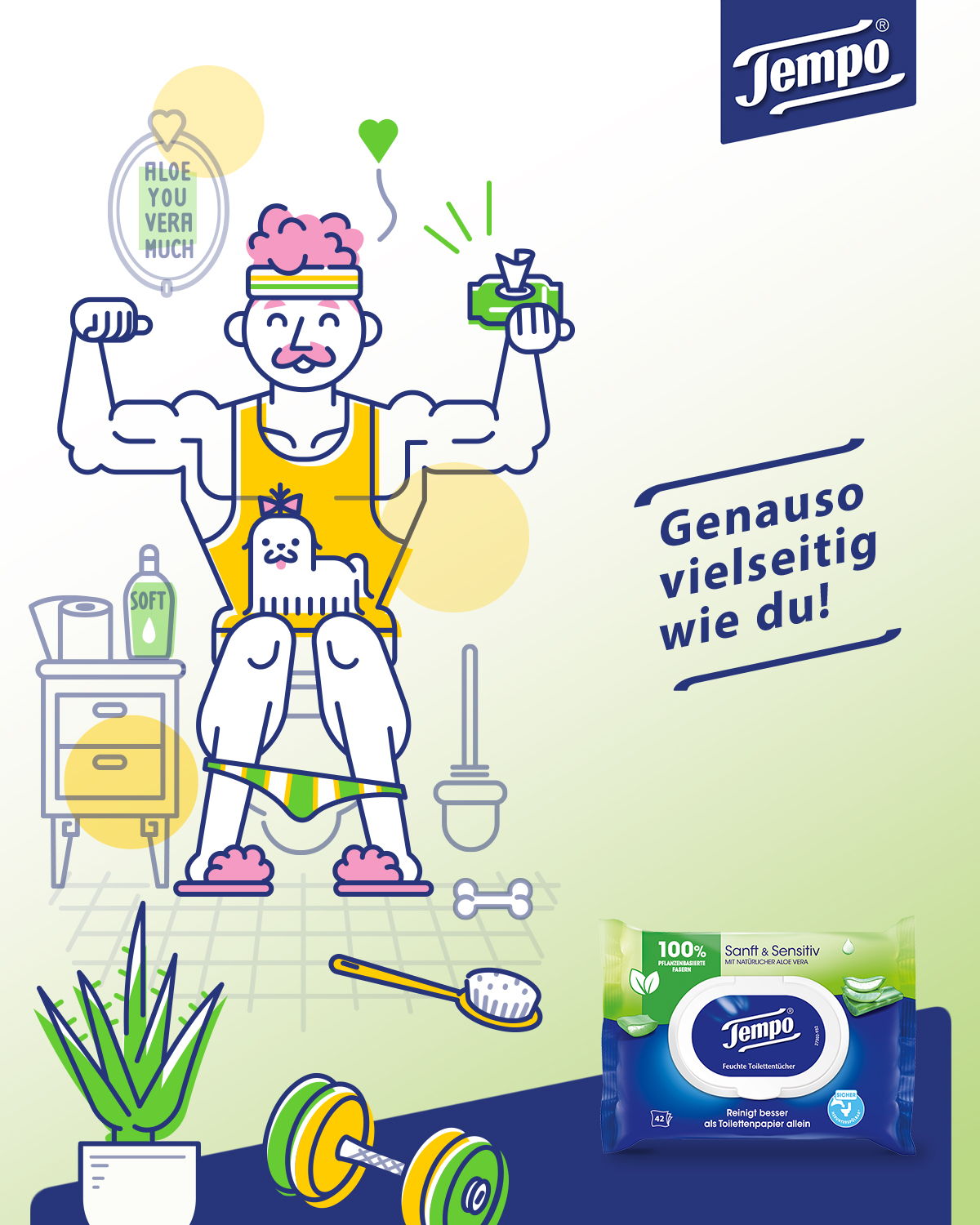 Illustration von einem Bodybuilder mit Stirnband und Schnurrbart, der auf der Toilette sitzt.