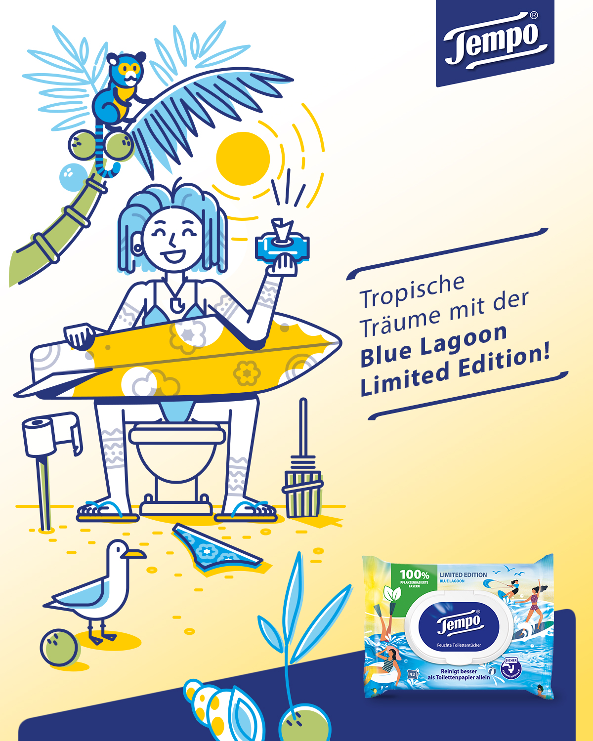 Illustration einer Frau mit Surfbrett, die auf einer Toilette sitzt, die auf dem Strand steht.