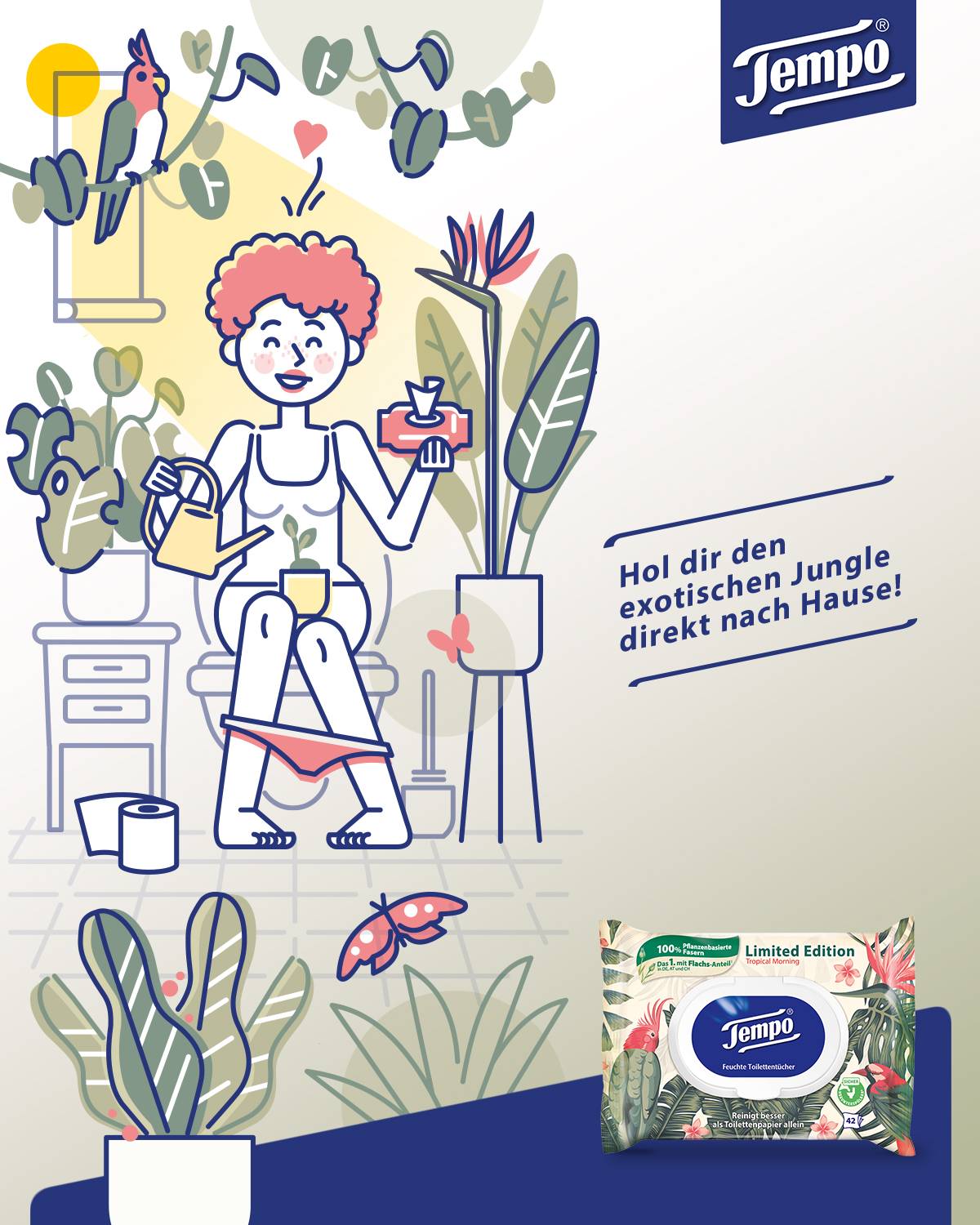 Illustration einer rothaarigen Frau, die auf der Toilette sitzt und umgeben ist von Topfpflanzen.