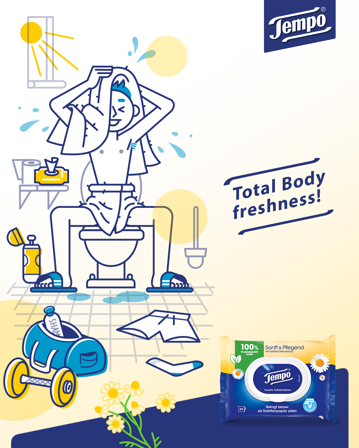 Illustration eines sportlichen Mannes der auf der Toilette sitzt und sich mit einem Handtuch die Haare abtrocket.