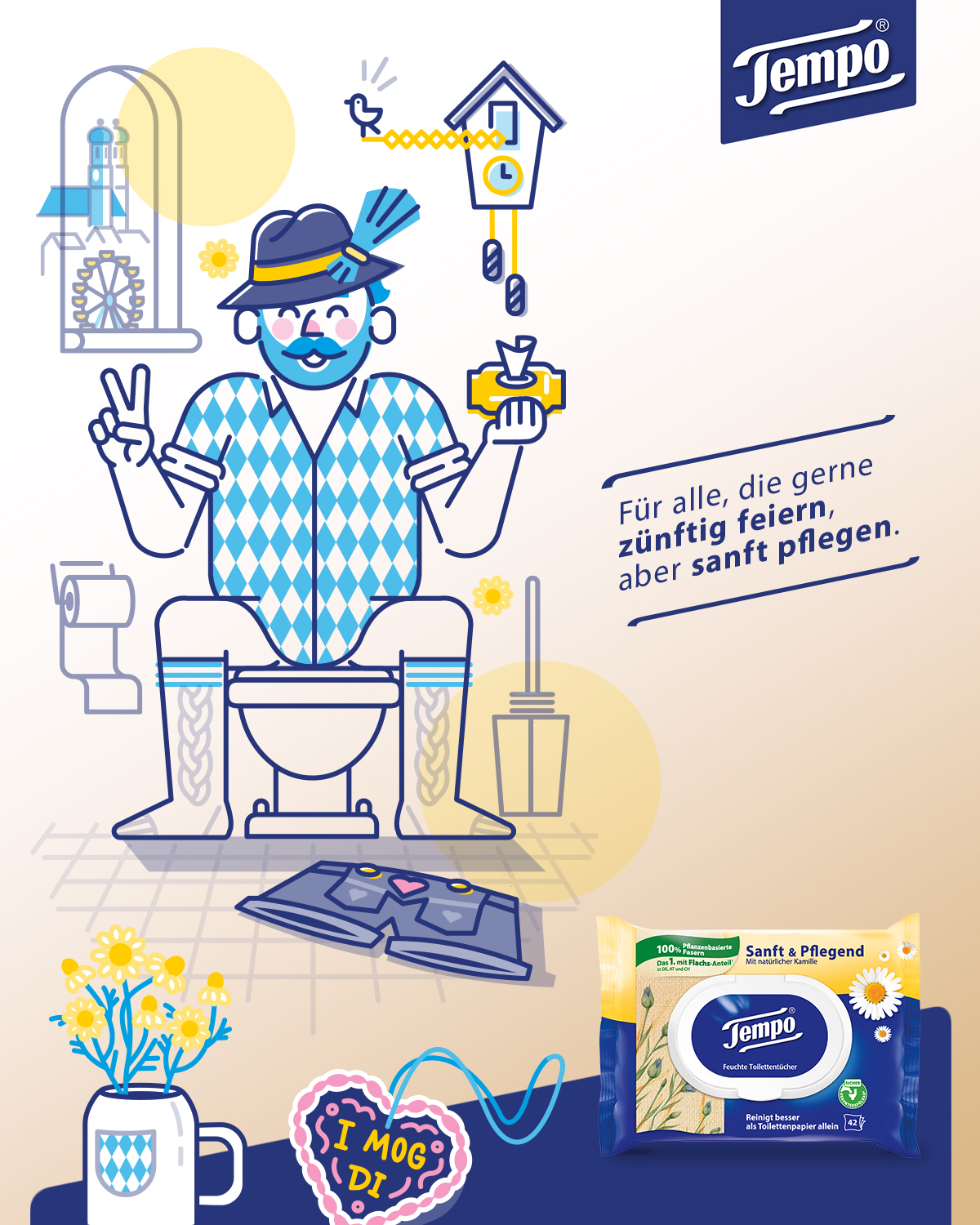 Illustration eines bärtigen Mannes, der in bayrischer Tracht auf der Toilette sitzt.