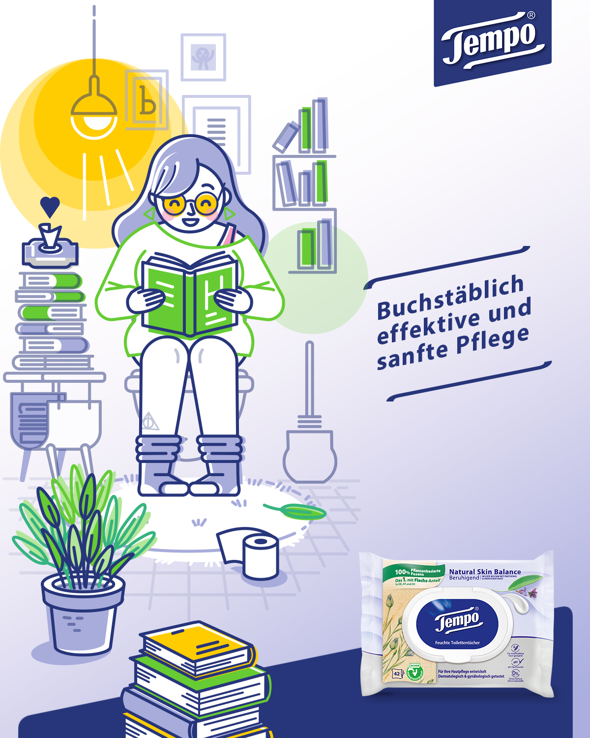Illustration einer Frau mit Brille, die auf der Toilette sitzt und Buch liest. Neben ihr ist ein Tisch mit einem hohen Bücherstapel.