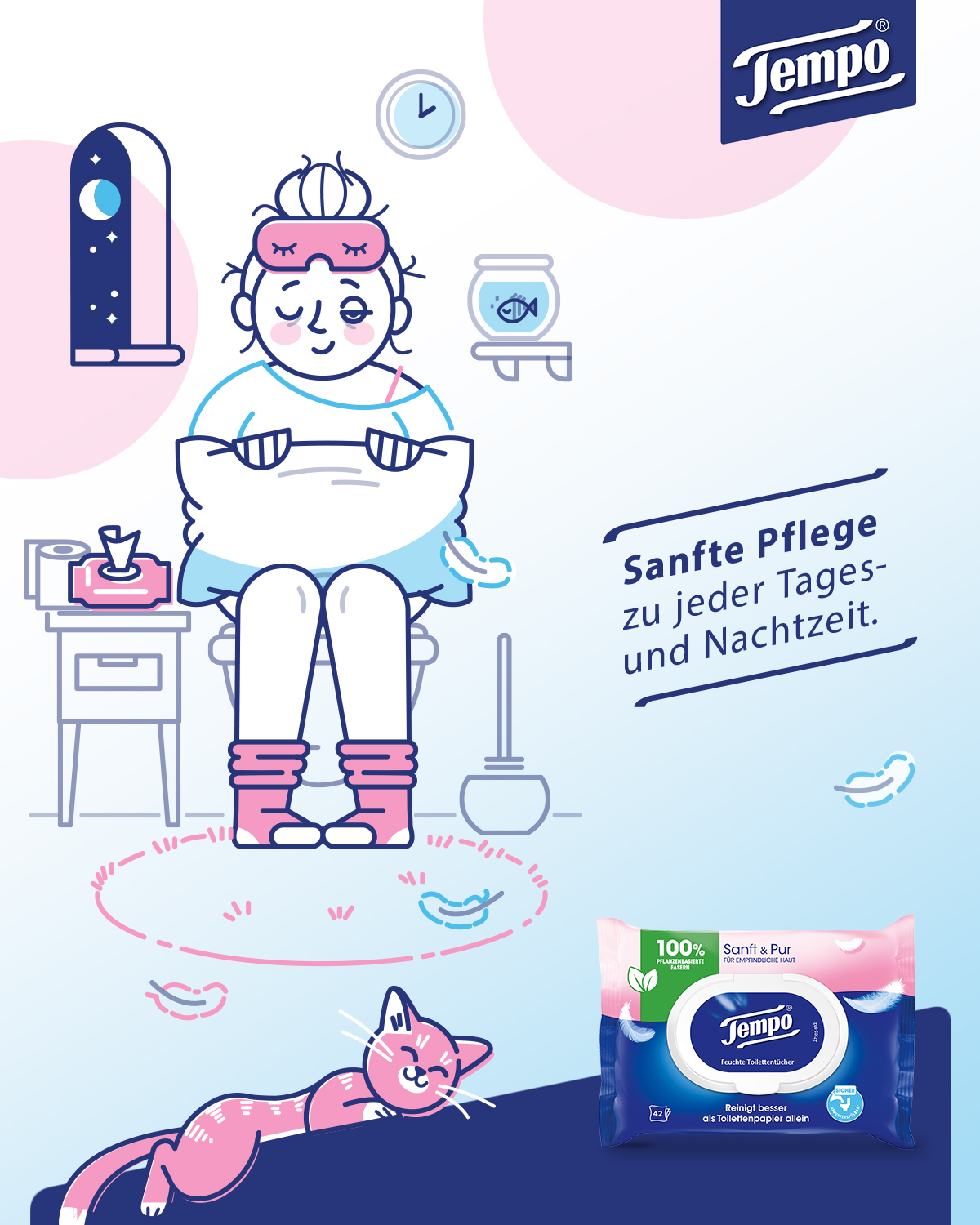 Illustration einer schlafenden Frau mit Kissen in Händen, die auf der Toilette sitzt.