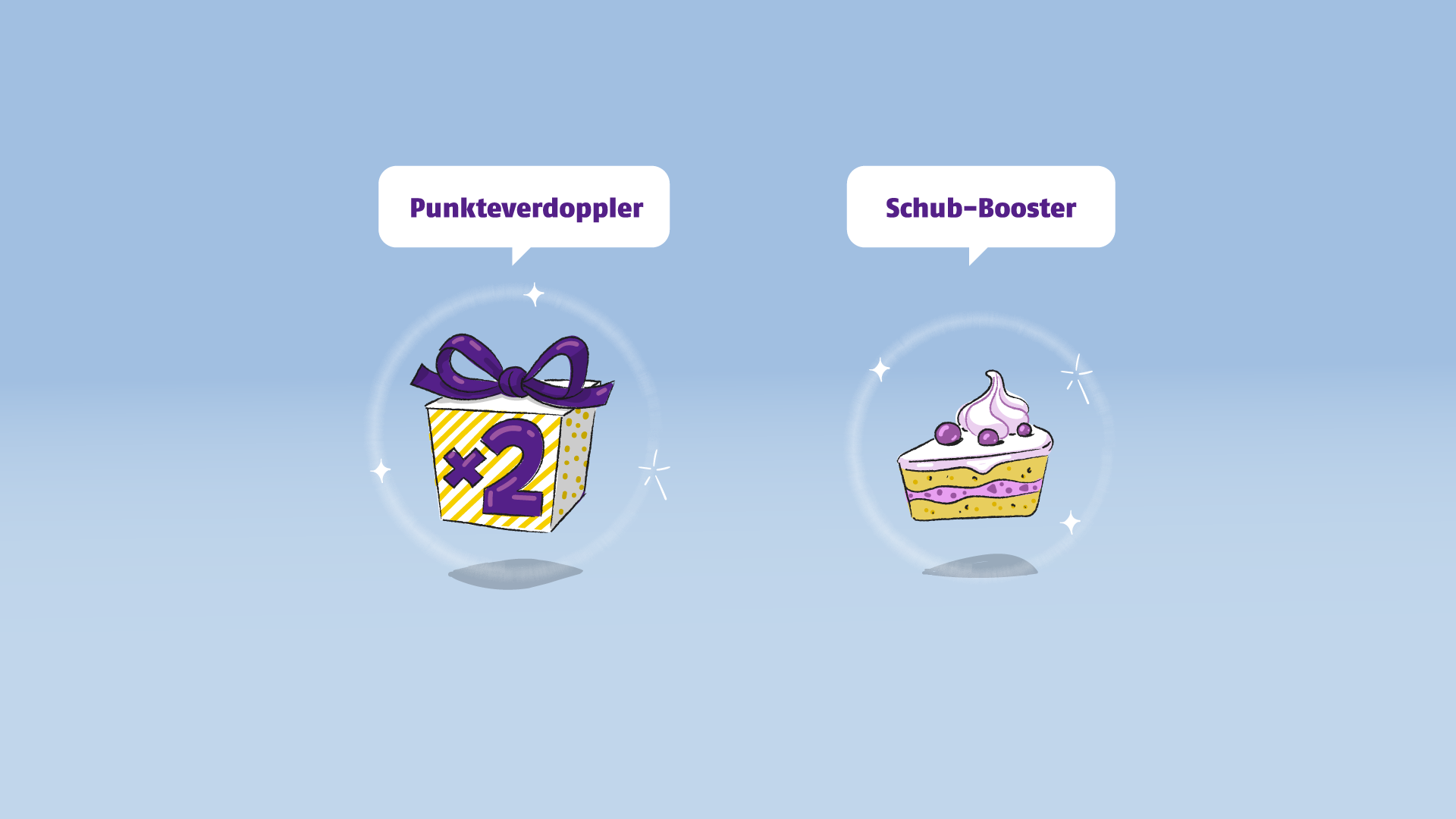 Skizzen von Power-Ups für das Spiel. Ein Geschenk mit der Aufschrift "x2" und ein Tortenstück.