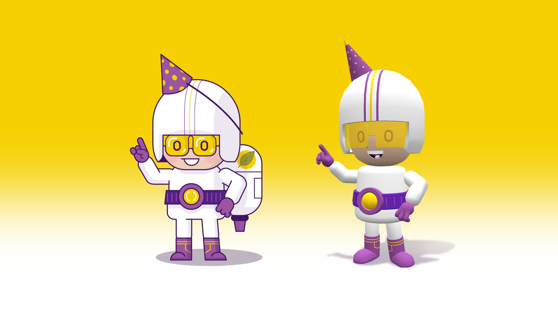 Skizze und 3D-Darstellung des Game-Character vor gelbem Hintergrund