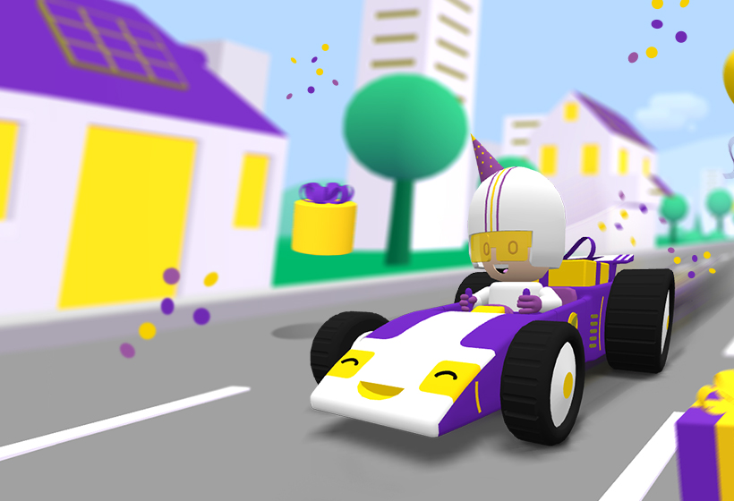3D-Abbildung eines comichaften Rennautos mit Fahrer, das durch eine Stadtlandschaft mit Bäumen und Hochhäusern fährt.