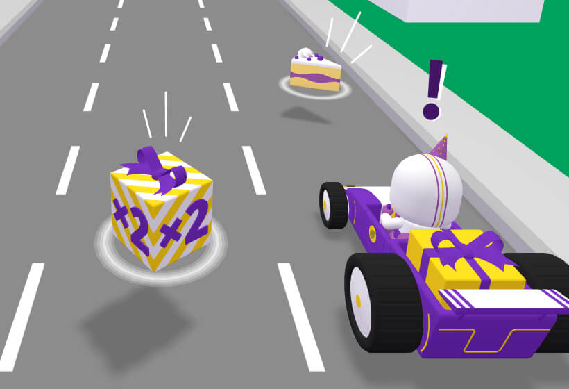 3D-Abbilung einer Szene aus dem Spiel mit Blick auf den Rennwagen und Power-Ups