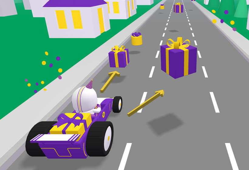 3D-Visualisierung der Rennstrecke mit Power-Ups in Form von Geschenkverpackungen