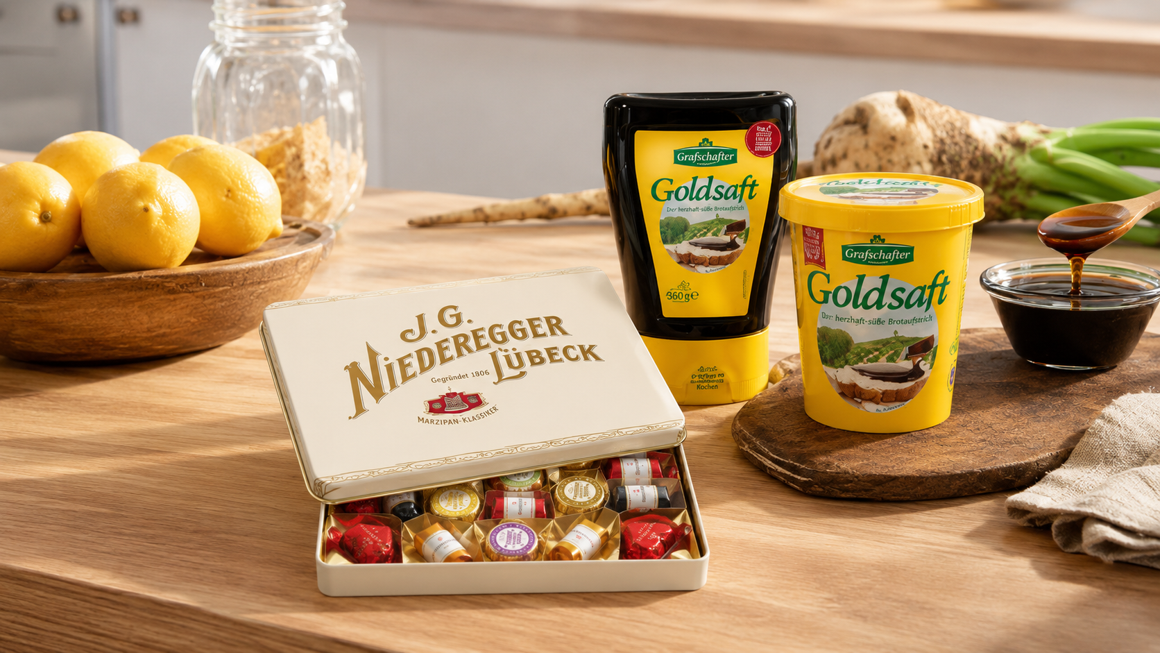 Eine Schachtel Niederegger Marzipan und 2 Tuben Grafschafter Goldsaft