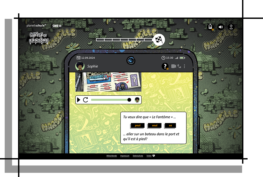 Szene einer Aufgabe zum Hörverstehen aus dem Spiel. Illustration eines Smartphone-Displays mit Sprachnachrichten.