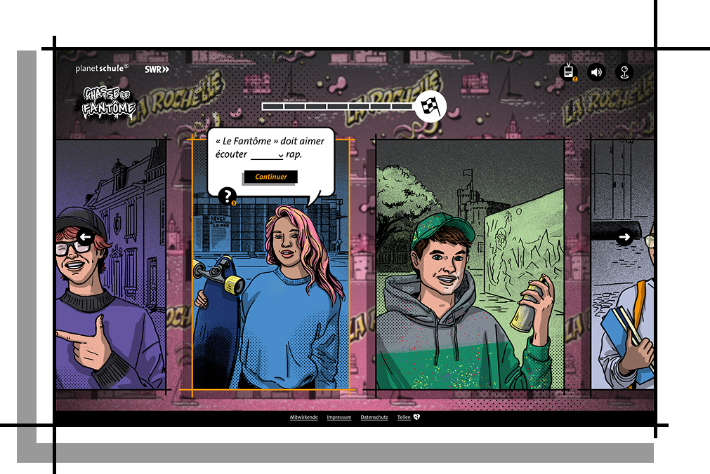 Szene aus dem Spiel. Illustration von verschiedenen Personen mit Sprechblasen im Rahmen einer Textübung.