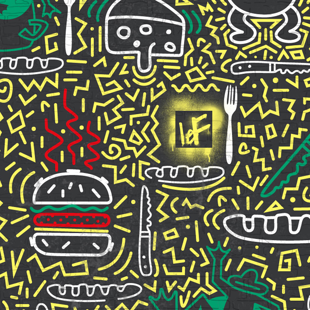 Graffiti im Stil von Keith Haring mit stark stilisierten Abbildungen eines Burgers, eines Käses und von Baguettes.