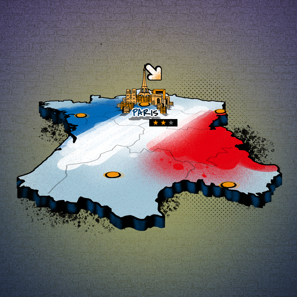Illustrierte Darstellung der Karte Frankreichs in den Farben blau, weiß und rot. Eine Silhoutte von Gebäuden ist dort zu sehen, wo die Stadt Paris liegt. 