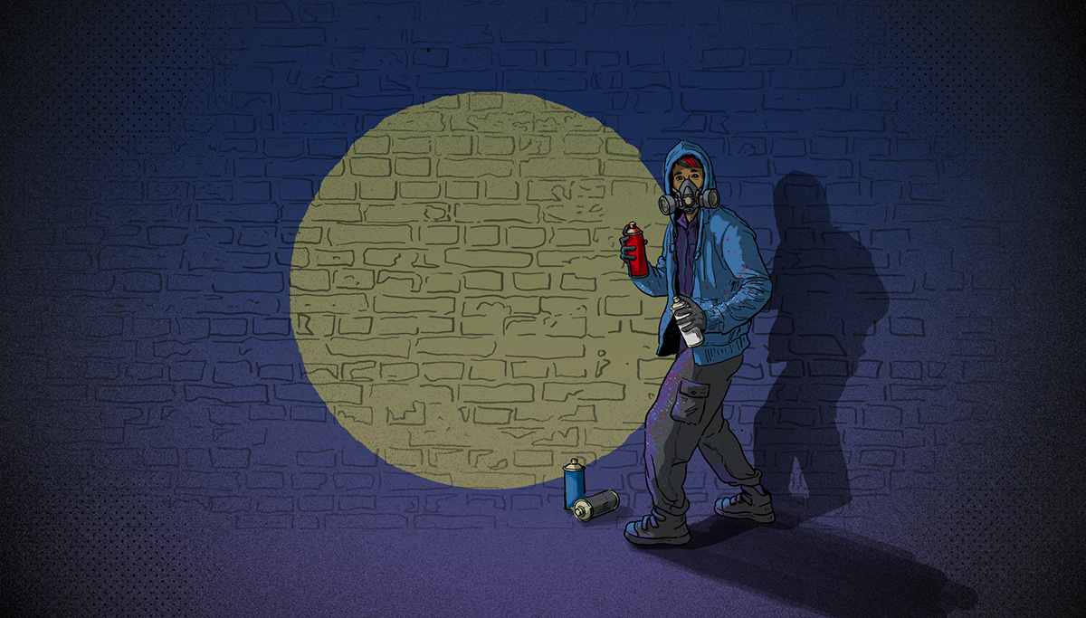 Titelmotiv der Lernanwendung. Ein Sprayer mit Hoodie und Maske steht in einem Lichtkegel vor einer Backsteinwand. 