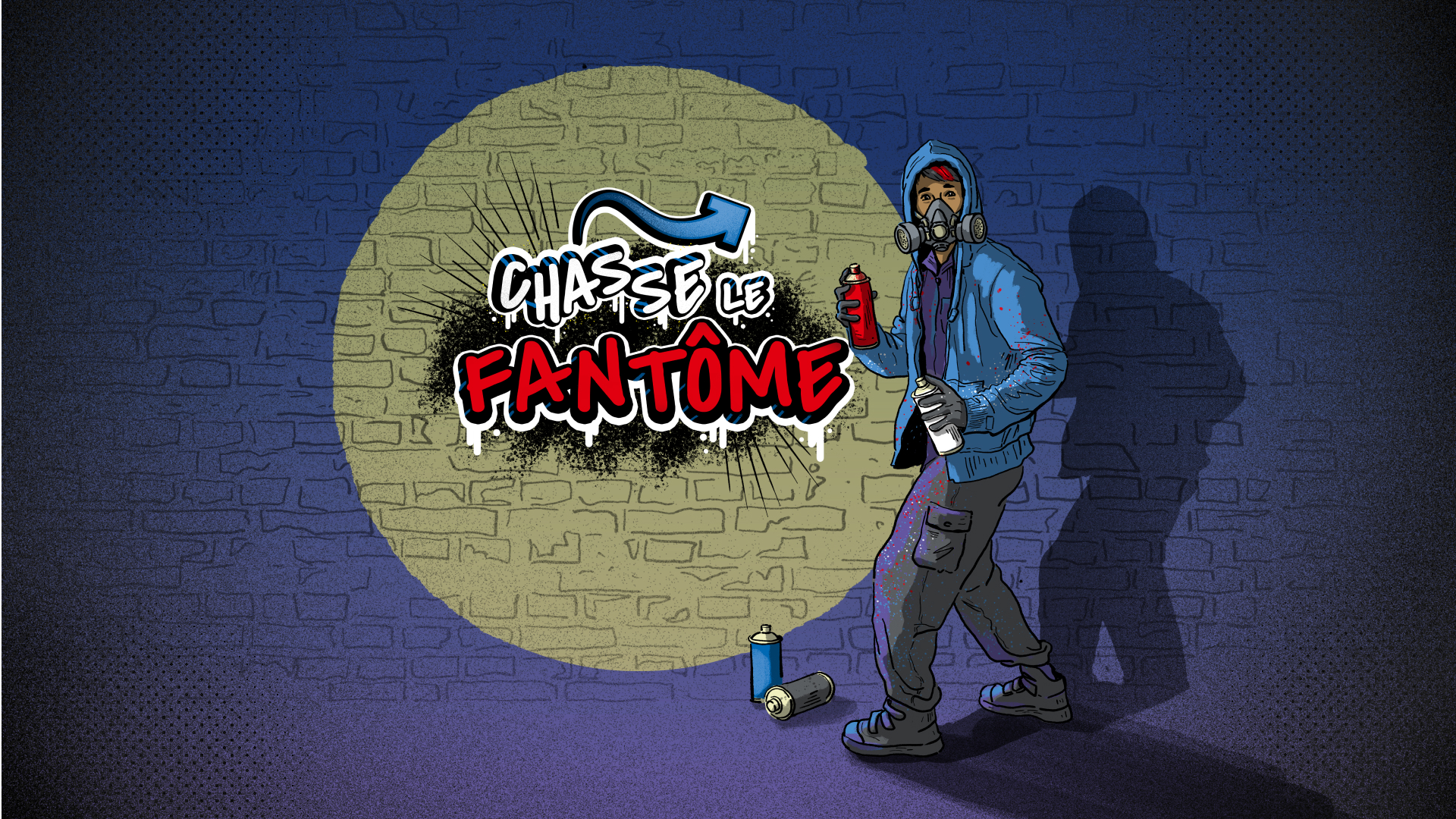 Titelmotiv der Lernanwendung. Ein Sprayer mit Hoodie und Maske steht in einem Lichtkegel vor einer Backsteinwand. Im Lichtkegel ist der Schriftzug "Chasse le Fantôme!" zu lesen.