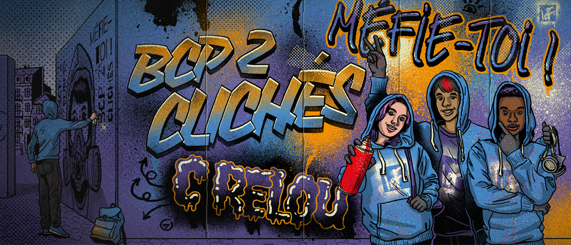Illustration einer Gruppe von drei Graffiti-Künstlern mit Hoodis und Spraydosen in den Händen.