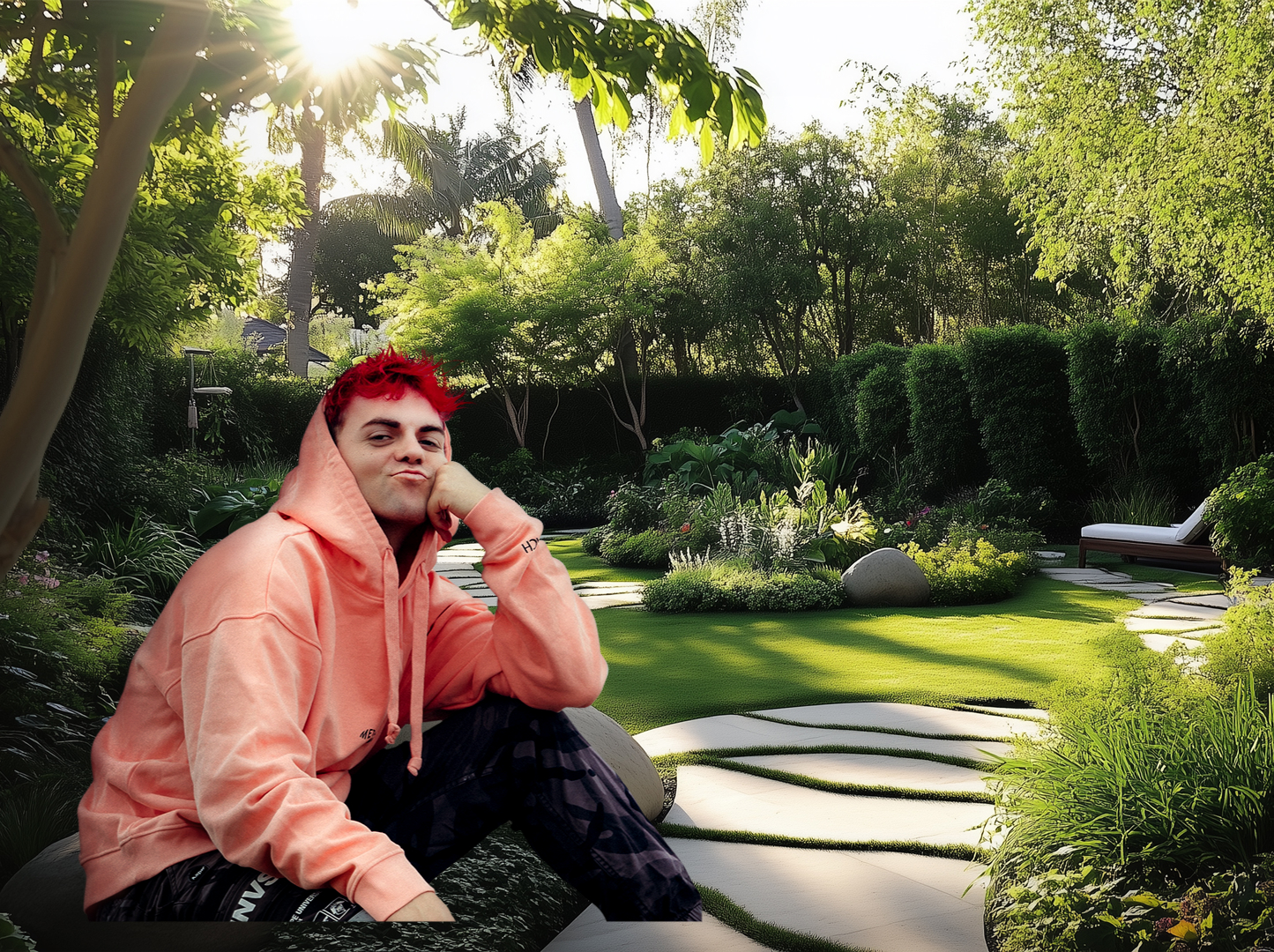 Teilweise mit KI erstellte Darstellung eines exotischen Gartens. Davor sitzt der Protagonist des Spiels in lässiger Pose.