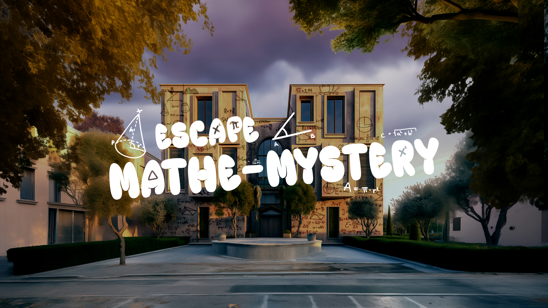 Titelmotiv des Lernspiel. Im Hintergrund ist ein villa-artiges Gebäude zu sehen. Darüber der Schriftzug "Escape Mathe-Mystery" mit ein paar geometrischen Skizzen.