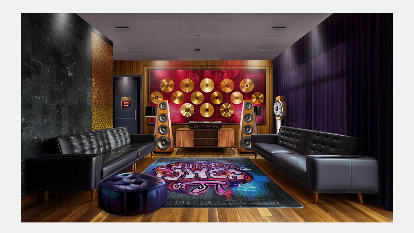 KI-generierte Darstellung des Innenraums eines Musikzimmers mit einer Sofa, großen Lautsprecherboxen und goldenen Schallplatten an der Stirnwand.