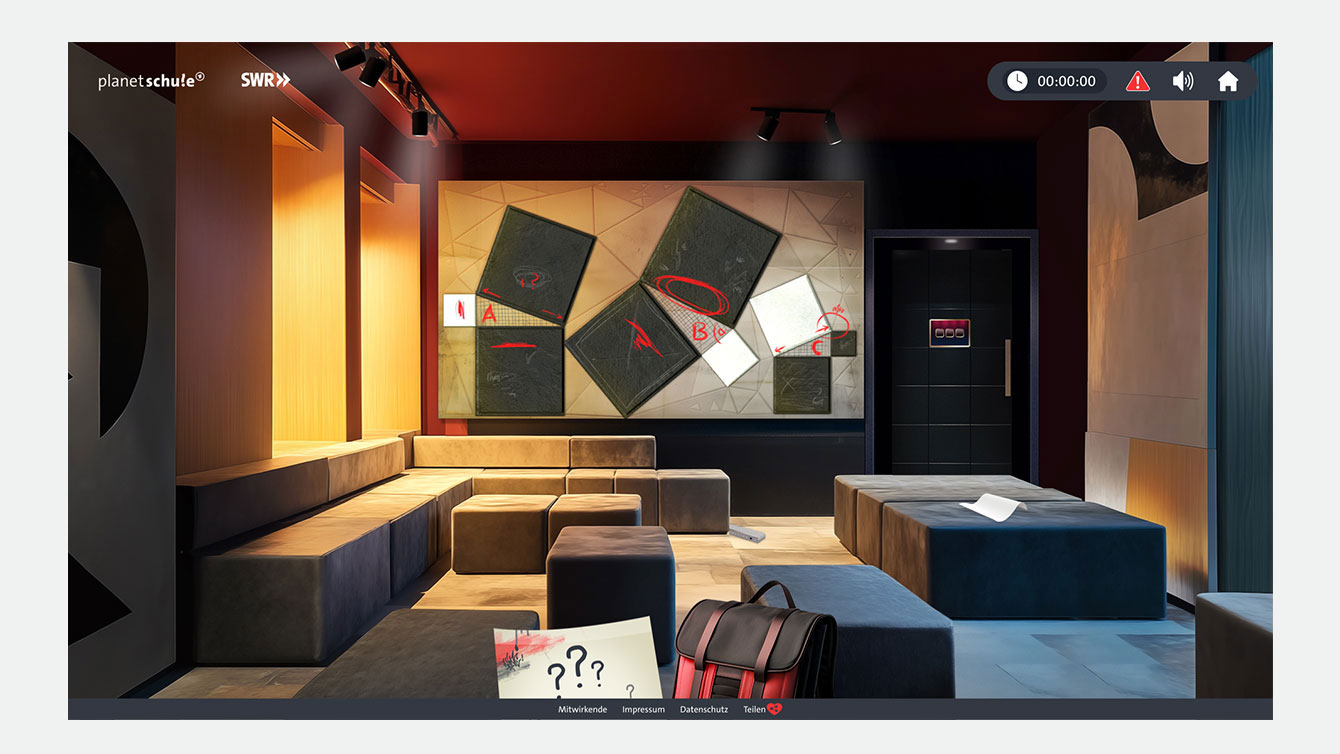 KI-generierte Darstellung des Innenraums einer Lounge mit breiten, flachen Sofaelementen, gedimmten Licht und geometrischen Gemälden an der Stirnwand.