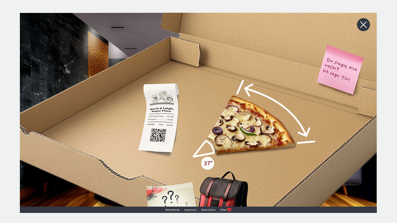 KI-generierte Darstellung einer Rästelaufgabe. Ein aufgeklappter Pizzakarton mit einem Stück Pizza.