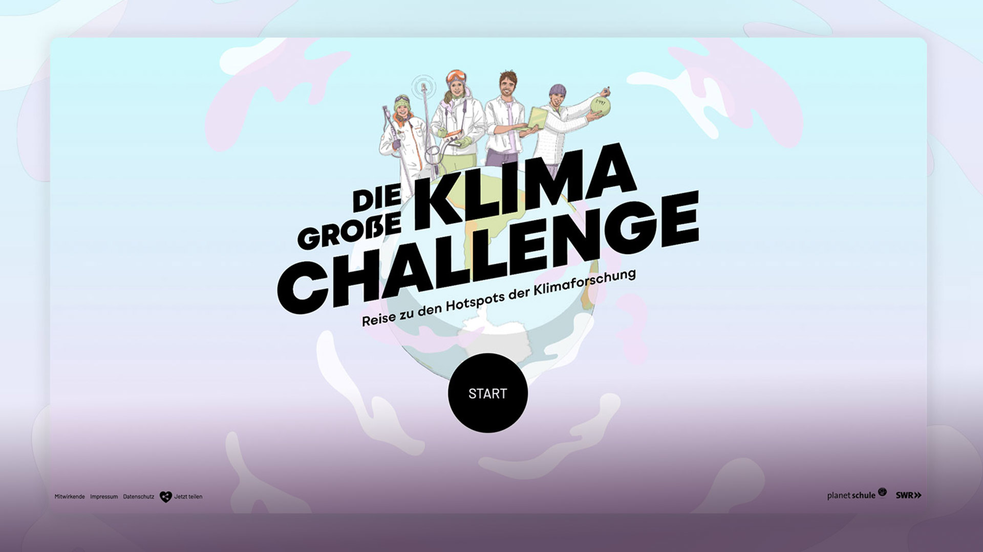 Titelmotiv des Lernspiels das eine illustriert Weltkugel zeigt. Dahinter steht mehrere Klimaforschende.