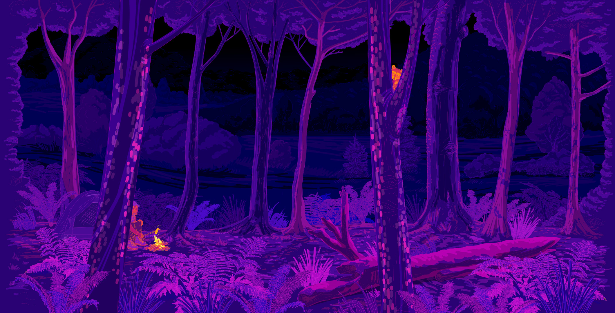 Illustration eines Suchbildes. Das Motiv zeigt einen Wald der durch eine Wärmebildkamera betracht wird. In der rechten Ecke versteckt sich ein Camper mit einem Lagerfeuer.