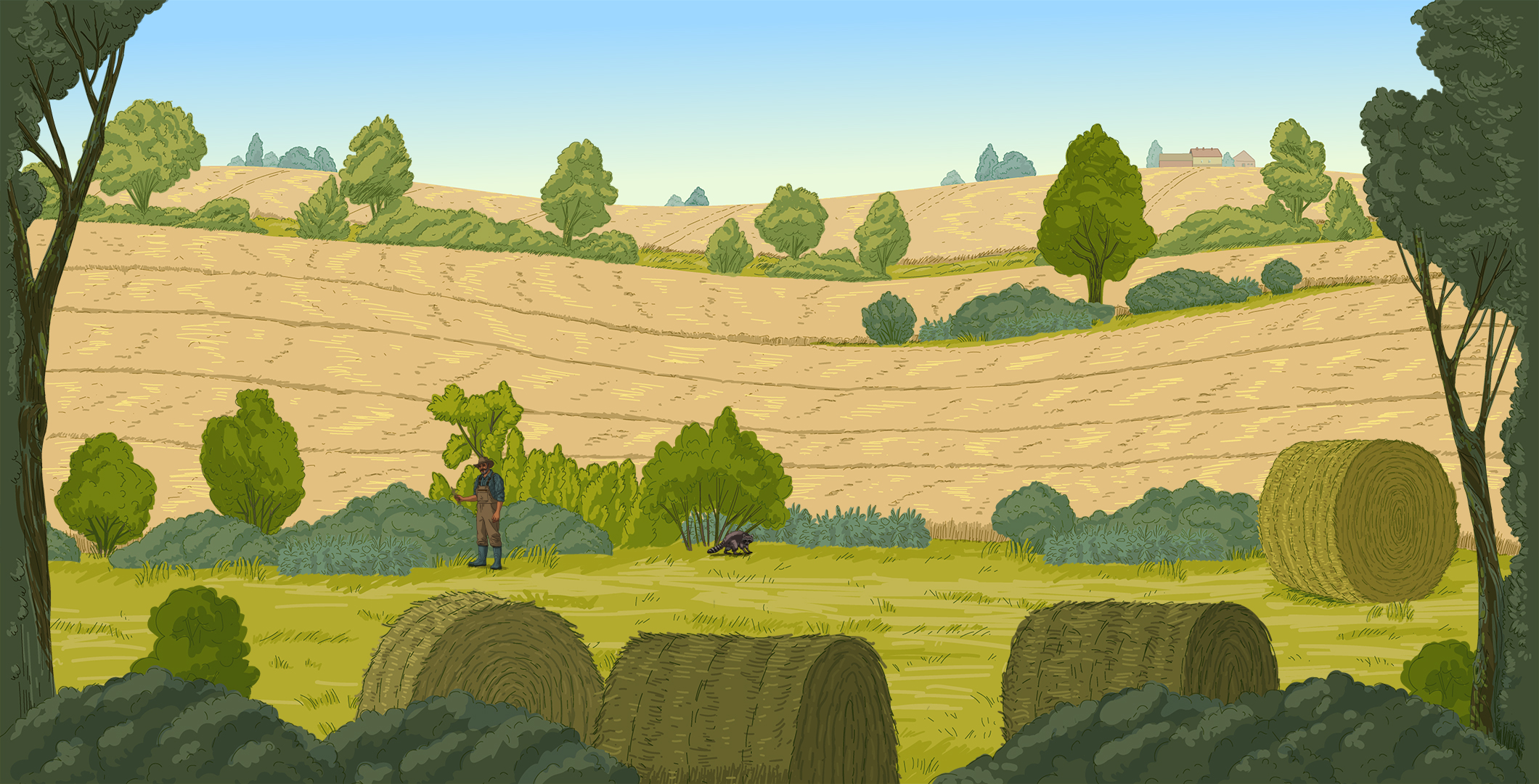Illustration eines Suchbildes. Das Bild zeigt einen Acker mit Wiese und Hecken. In der Mitte versteckt sich ein Landwirt. 