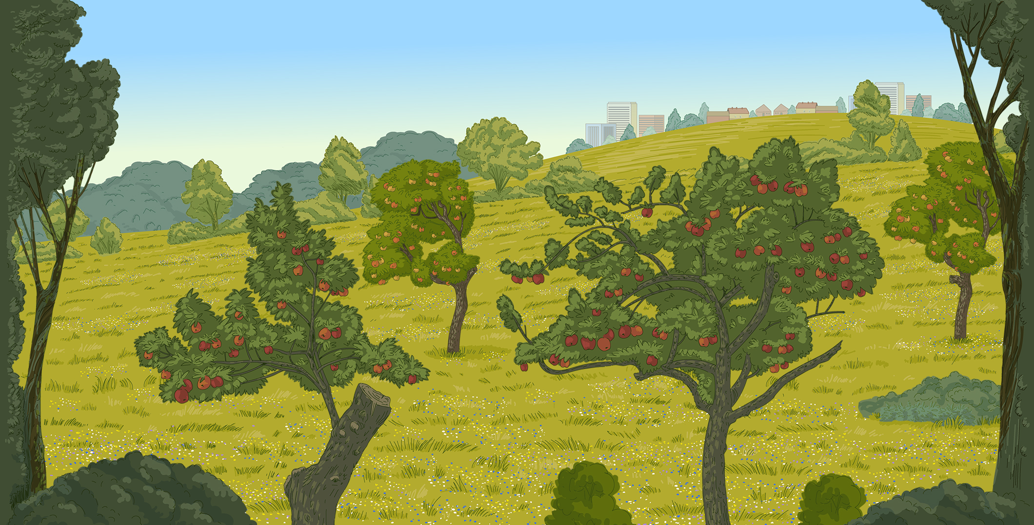 Illustration eines Suchbildes. Das Bild zeigt eine Wiese mit vereinzelten Obstbäumen.