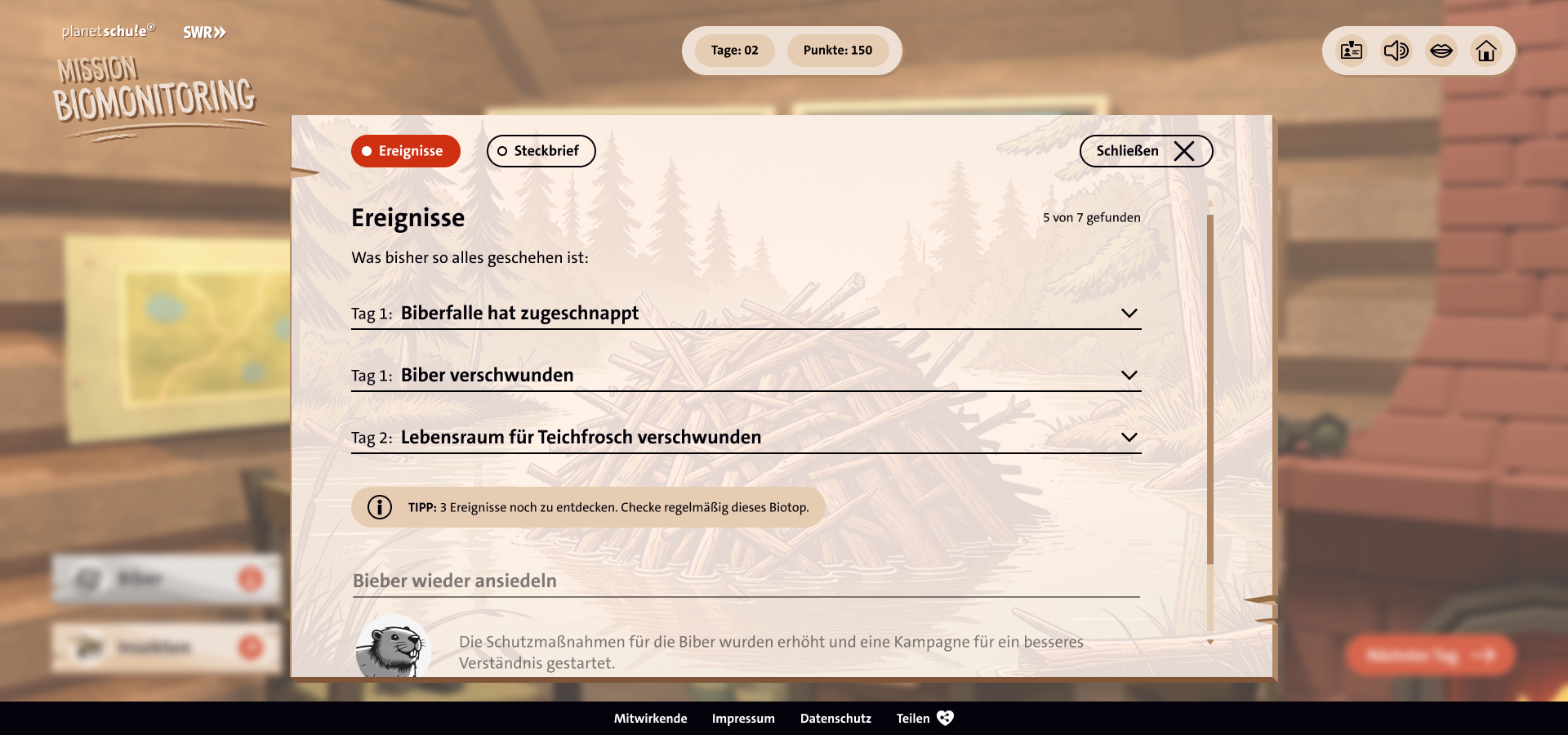 Szene aus dem Spiel. Auflistung aller Ereignisse, die der Spielende bisher entdeckt hat.