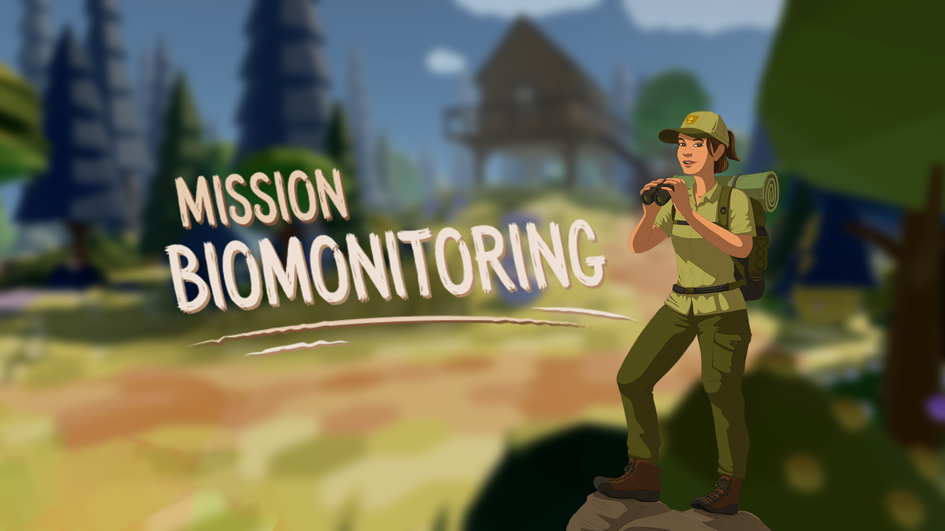 Illustration eines weiblichen Rangers mit Schirmmütze und Rucksack. Die Frau steht auf einem großen Stein und hält ein Fernglas. Daneben steht der Schriftzug "Mission Biomonitoring".