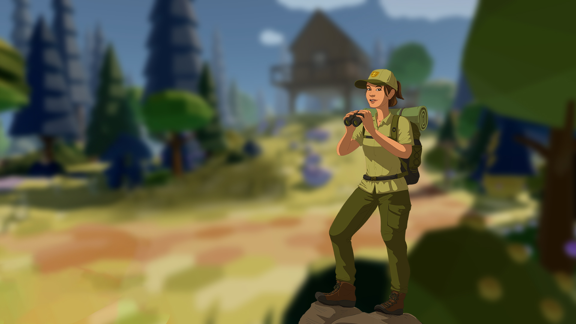 Illustration eines weiblichen Rangers mit Schirmmütze und Rucksack. Die Frau steht auf einem großen Stein und hält ein Fernglas. Im Hintergrund ist ein Blockhaus zu sehen..