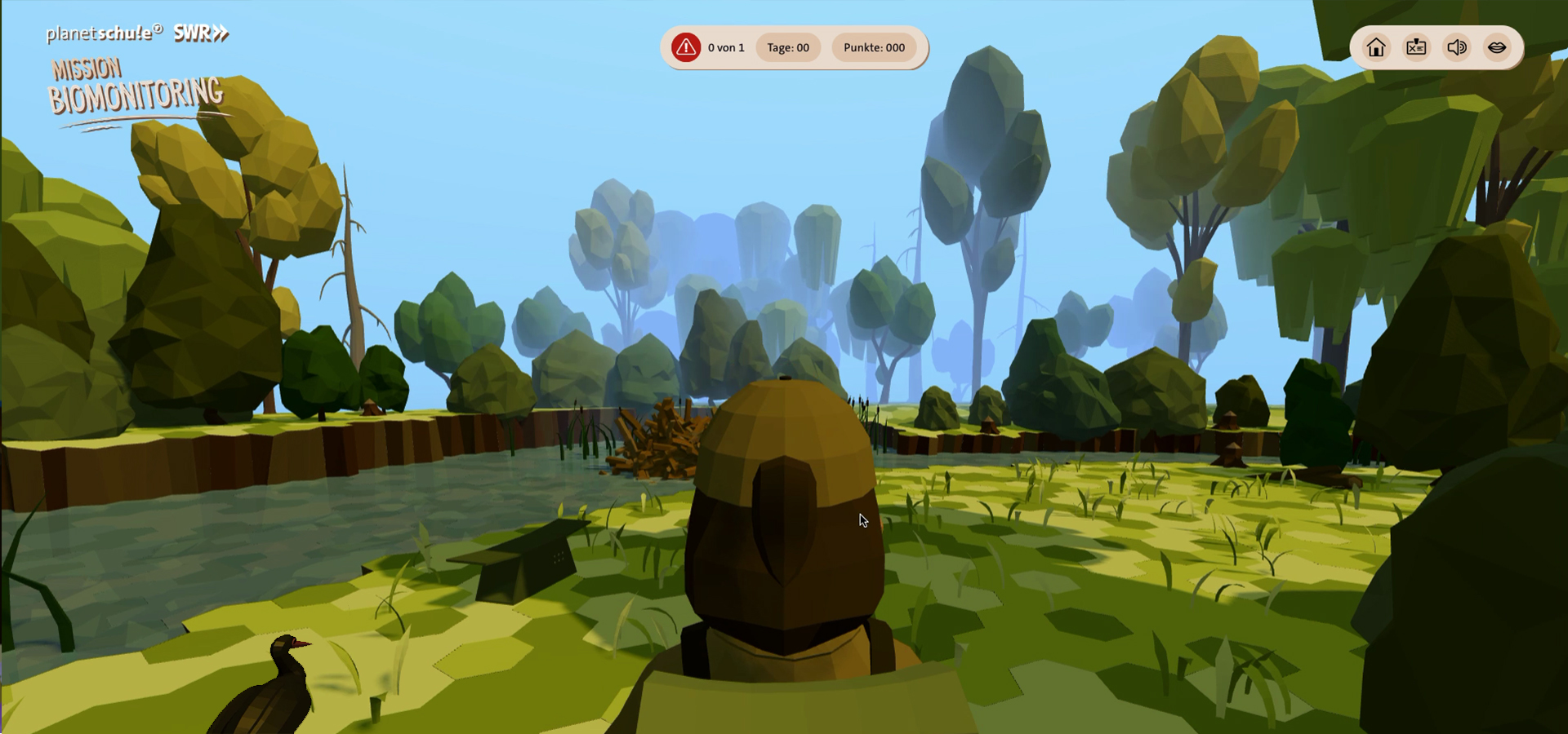 Szene aus dem Spiel. 3D-Figur eines Ranges läuft durch eine 3D-Landschaft einer Flussaue.