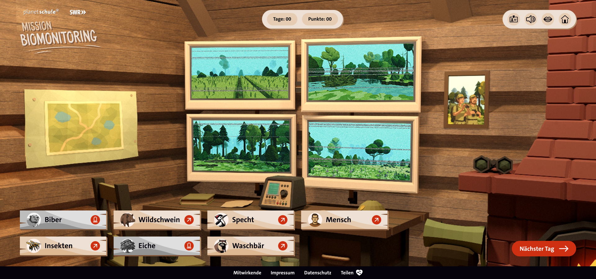 Szene aus dem Spiel. 3D-Darstellung des Innenraums einer Blockhütte mit vier Überwachungsmonitoren, die unterschiedliche Biotope zeigen.