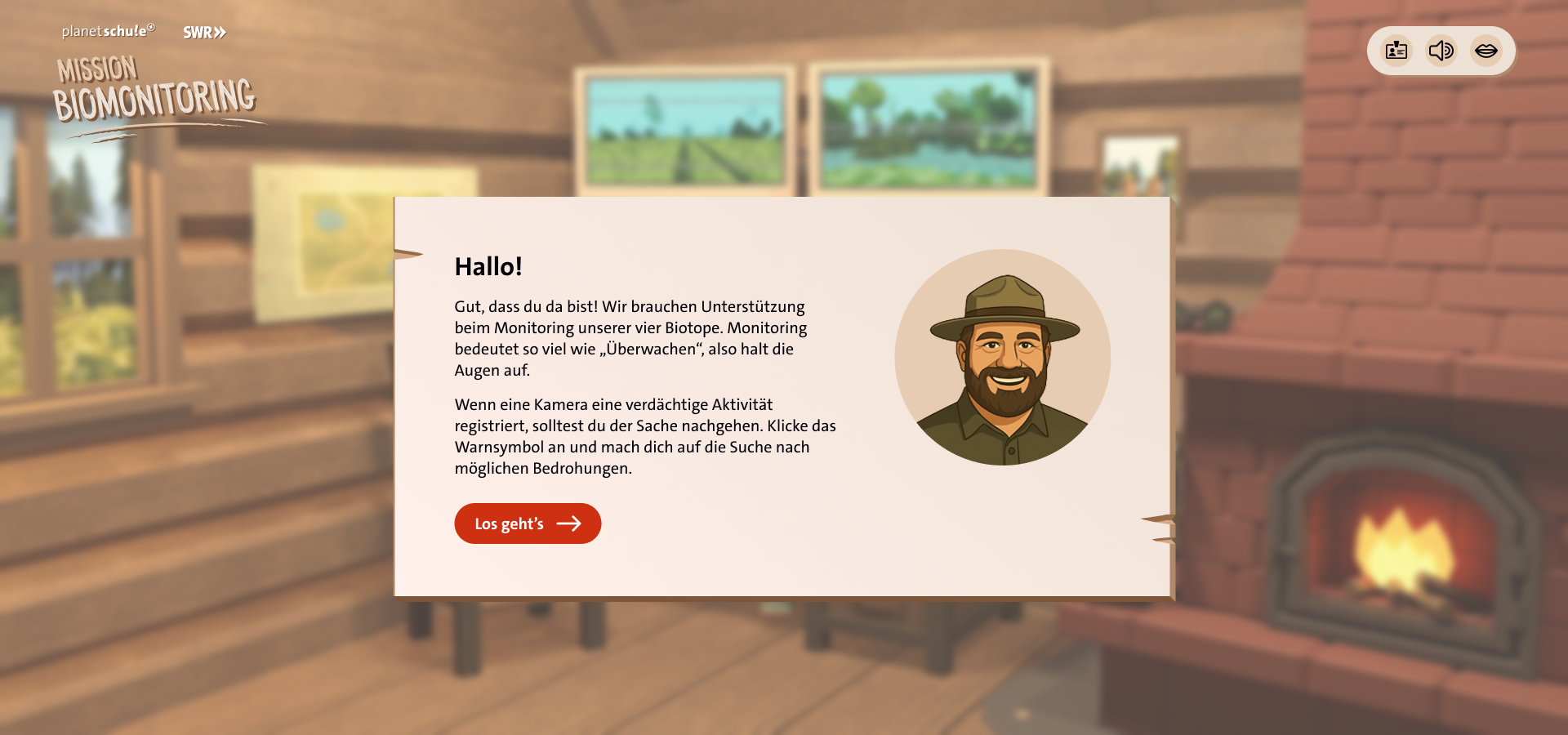 Szene aus dem Spiel. Illustriertes Portrait eines Ranges neben einem Begrüßungstext. Im Hingerund unscharf die 3D-Darstellung des Innenraums einer Blockhütte.