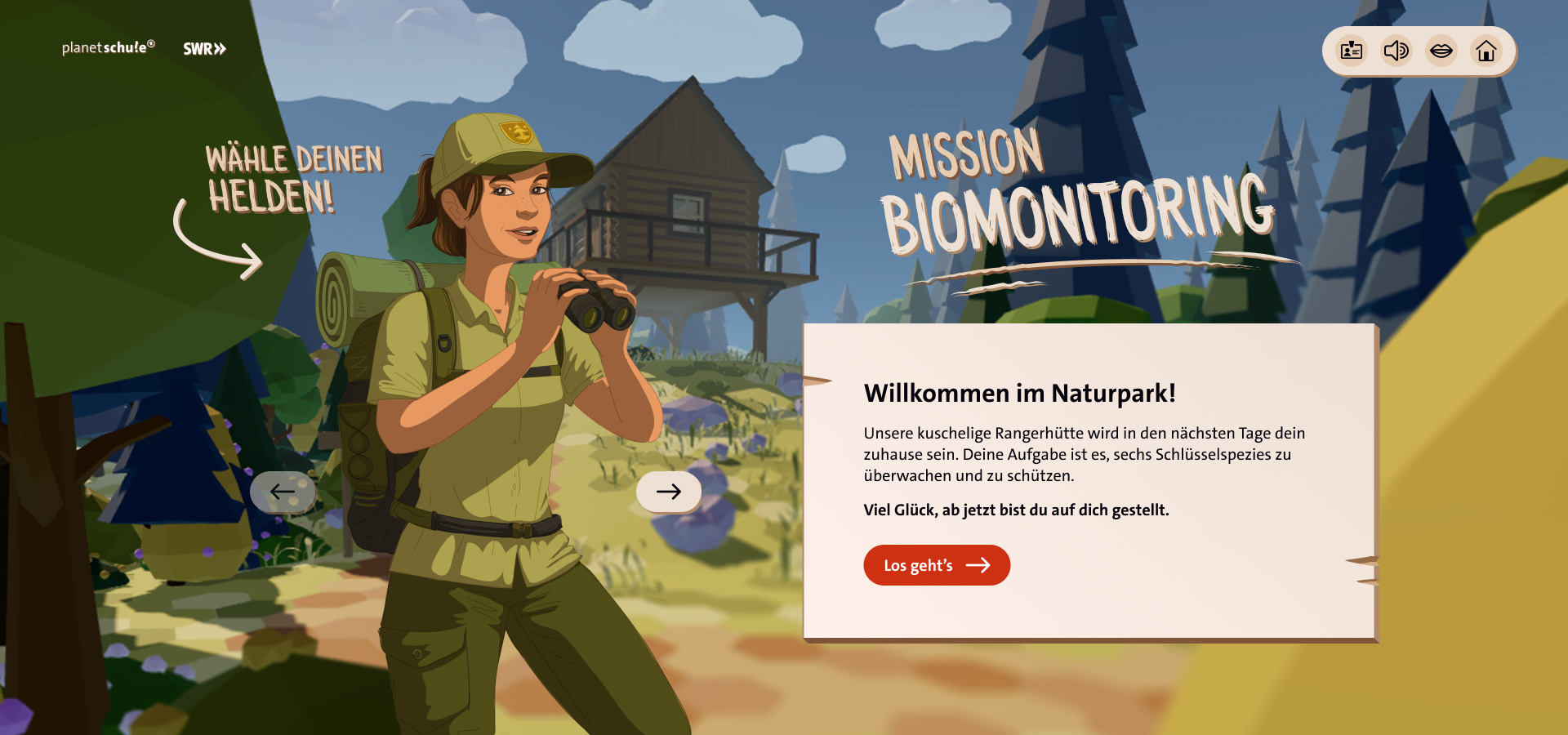 Startseite des Spiels. Ein weiblicher Ranger hält ein Fernglas in Händen. Im Hintergrund ist eine Blockhütte.