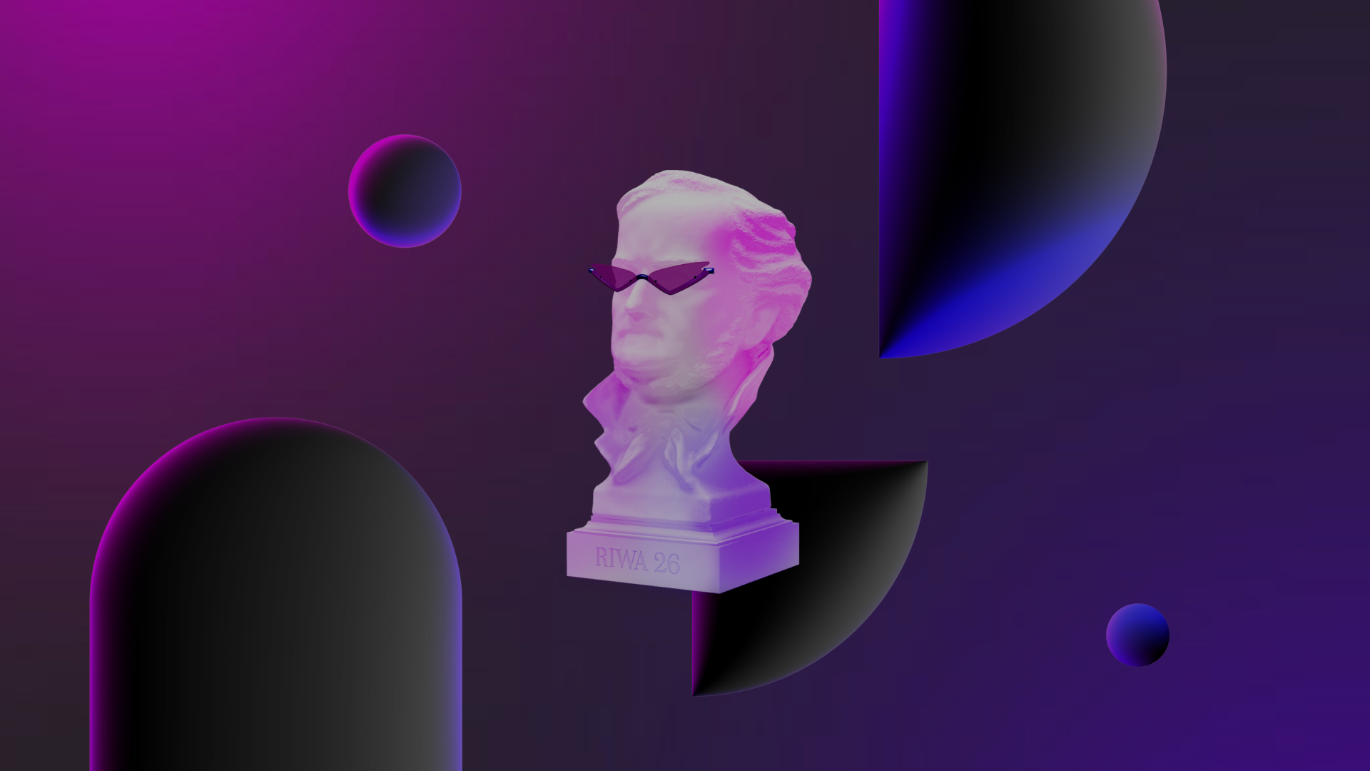 Büste von Richard Wagner mit einer coolen Sonnenbrille in einem abstrakten Raum mit abstrakten Formen