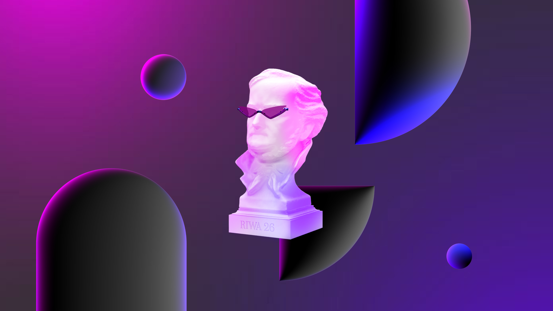 Büste von Richard Wagner mit einer coolen Sonnenbrille in einem abstrakten Raum mit abstrakten Formen.